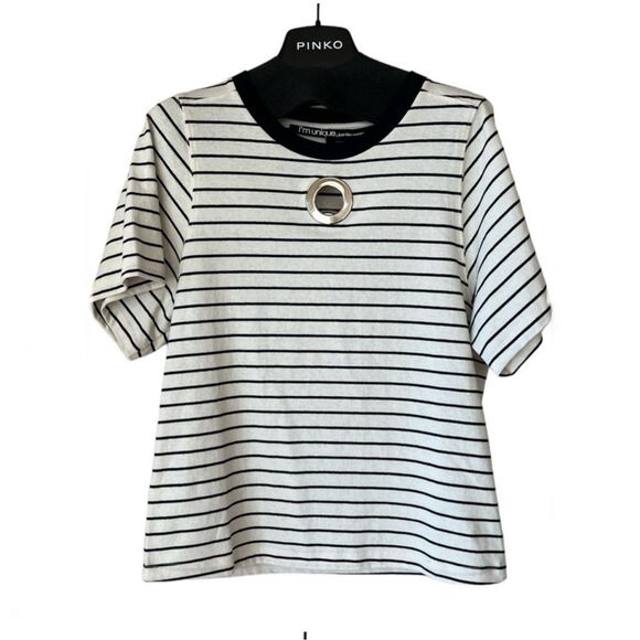 Pinko Striped T-Shirt Ring Short Sleeve in Ivory and Black Size XS - Picture 1 of 5
